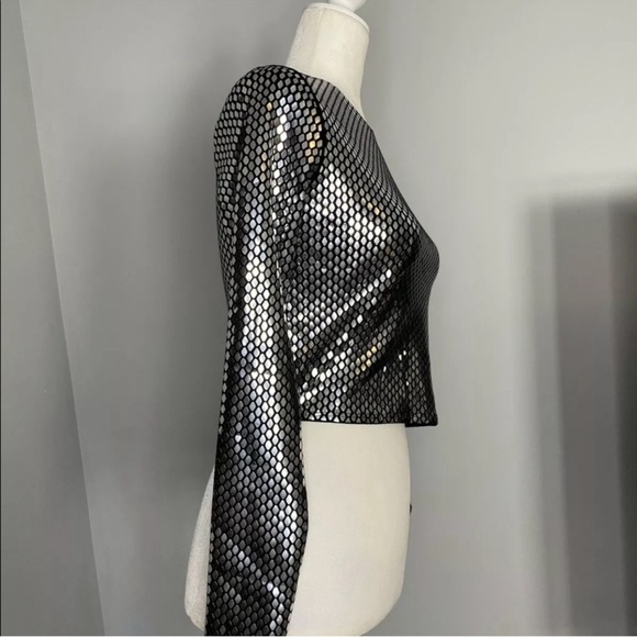 NWT Zara Woman Honeycomb Sweater Metallic Silver Shiny Black Top Size S Small - Picture 5 of 11